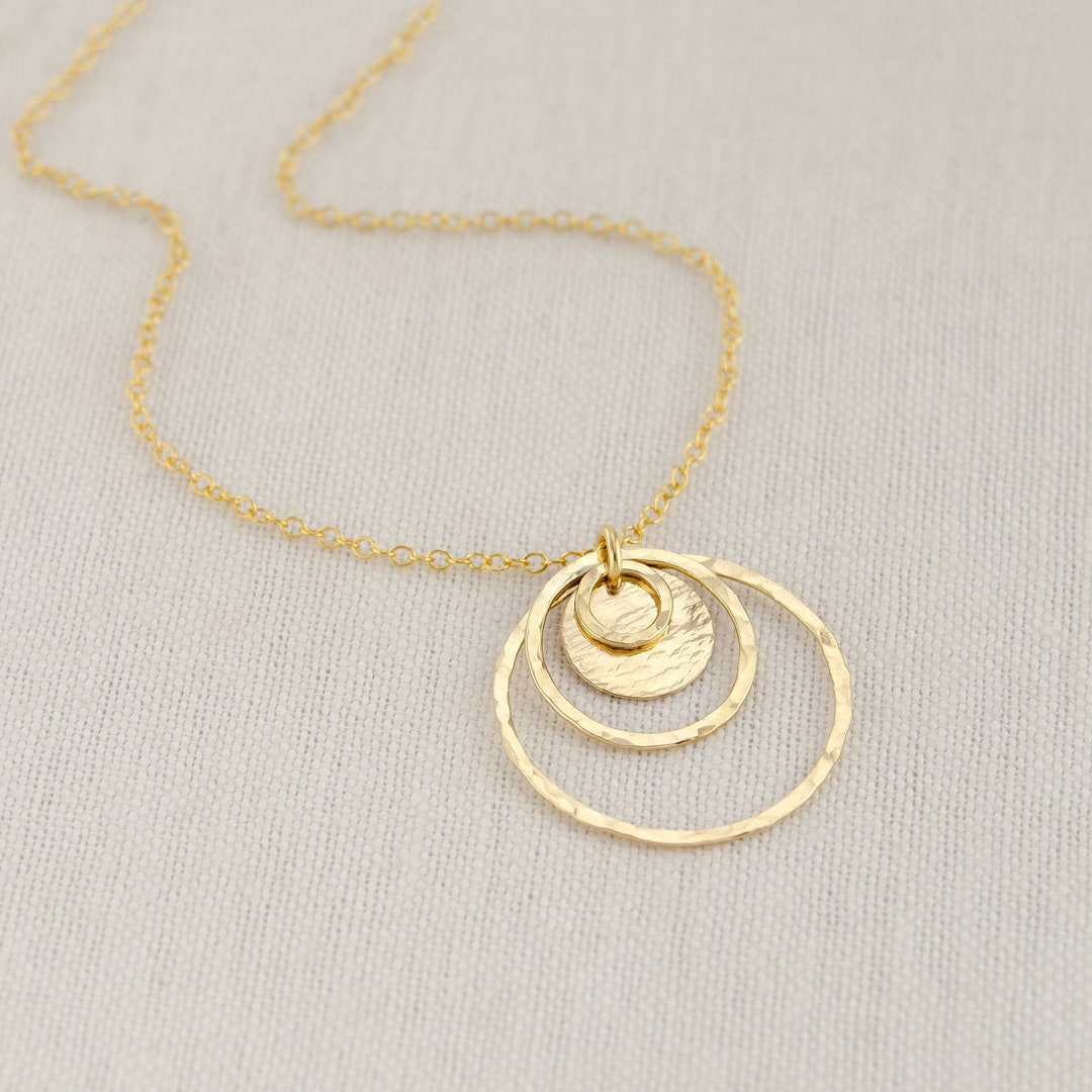 Gold Circle Disc Textured Necklace Large Gold Pendant Necklace Hammered