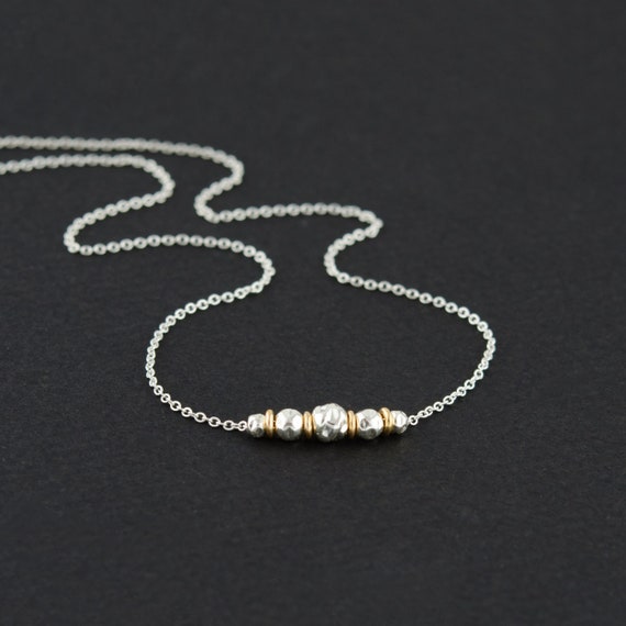 Dainty Mixed Metal Necklace, Minimalist Beaded Chain, Two Tone Jewelry, Sterling Silver & 14K Gold Filled