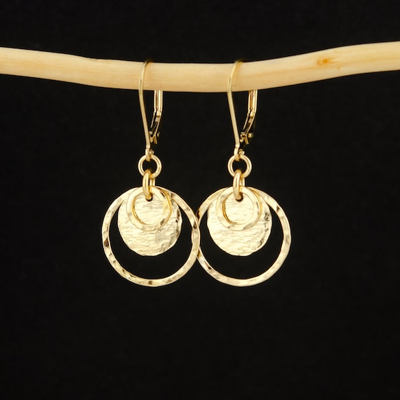 Textured Gold Circle Lever-Back Earrings, Gold Filled Dangle Earrings, Hammered Gold Earrings, 14K Gold Filled Jewelry, Modern Earrings