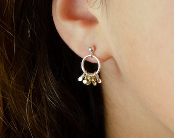 Two Tone Tassel Stud Earrings, Small Circle Earrings, Sterling Silver & 14K Gold Filled