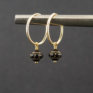 Black Charm Hoops Earrings, Black Drop Earrings, Dainty Gold Filled Hoops, Everyday  Hoop Earrings, Black and Gold Earrings, Gift for Women