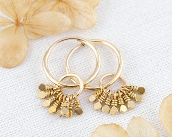 Gold Charm Hoop Earrings • Dangling Circle Charm Hoops • 14K Gold Hoops • Huggie Earrings • Minimalist Hoops • Gold Circle Hoop Earrings