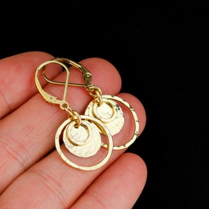 Textured Gold Circle Lever-Back Earrings, Gold Filled Dangle Earrings, Hammered Gold Earrings, 14K Gold Filled Jewelry Gift for Her image 3