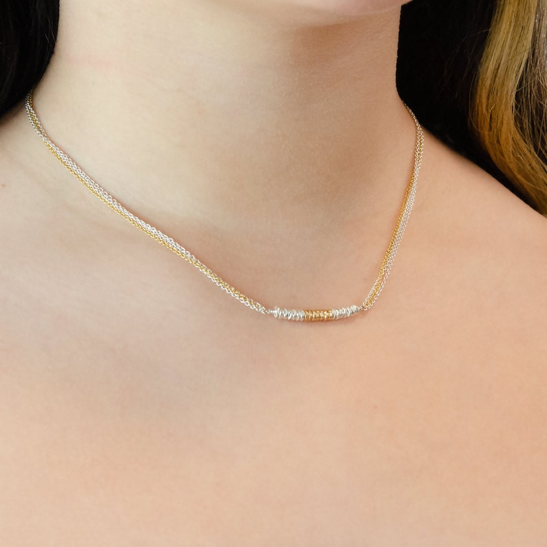 Mixed Metal Necklace \u2022 Lucky Number 7 Necklace \u2022 Silver and Gold Necklace \u2022 Multi Chain Necklace \u2022 Beaded Bar Necklace \u2022 Mixed Metal Jewelry