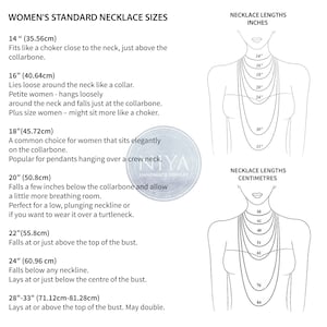Puede incluir: Una tabla informativa en blanco y negro titulada STANDARD NECKLACE SIZES. Muestra dos diagramas de un cuello y pecho con varias longitudes de collar etiquetadas en pulgadas y cent&iacute;metros, junto a una lista de longitudes de 14 a 33 pulgadas.