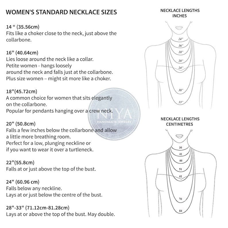 Puede incluir: Una tabla informativa en blanco y negro titulada STANDARD NECKLACE SIZES. Muestra dos diagramas de un cuello y pecho con varias longitudes de collar etiquetadas en pulgadas y cent&iacute;metros, junto a una lista de longitudes de 14 a 33 pulgadas.