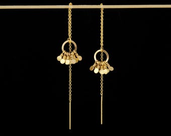 Dainty Gold Circle Threader Earrings, 14K Gold Filled Threaders, Adjustable Length Chain Earrings