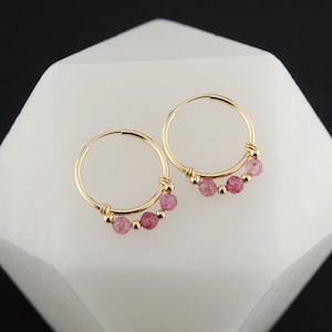 Dainty Strawberry Quartz Hoops, Endless Gold Filled Hoops, Pink Gemstone Earrings, Minimalist Gold Hoops, Charm Hoop Earrings, Gift for Her