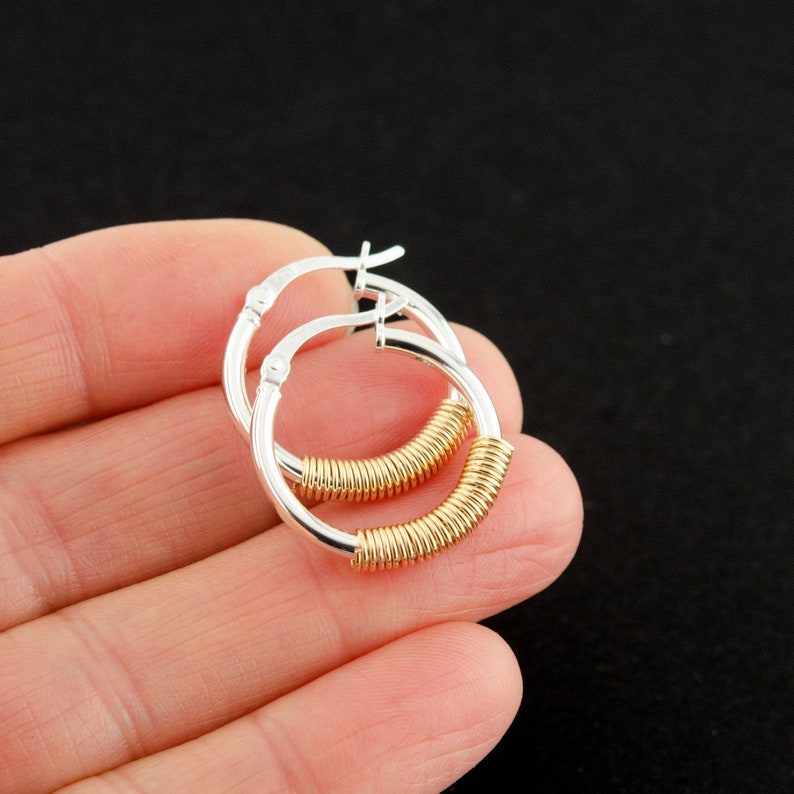 Mixed Metal Hoop Earrings Latch Back Hoops Modern Two Tone Hoops Clip Closure Hoops Everyday Hoop Earrings Two Tone Jewelry Gift image 2