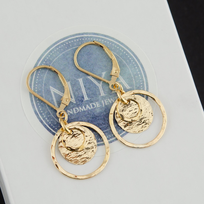 Textured Gold Circle Lever-Back Earrings, Gold Filled Dangle Earrings, Hammered Gold Earrings, 14K Gold Filled Jewelry Gift for Her image 7