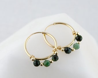 Emerald Beaded Hoop Earrings, Dainty Gold Hoops, Green Gemstone Earrings, May Birthday Gift for Women, May Stone Earrings, Emerald Jewelry