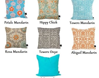 Mix and Match Pillow Covers Premier Prints Towers Onyx and Mandarin, Rosa, Hippy Chick, Zigzag and Abigail.