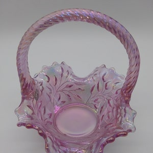Vintage Fenton Glass 95. rocznica Dusty Rose Pink Carnival Iridescent Ruffled Leaves Mini Basket Bowl Dish Art Nouveau Easter Wedding