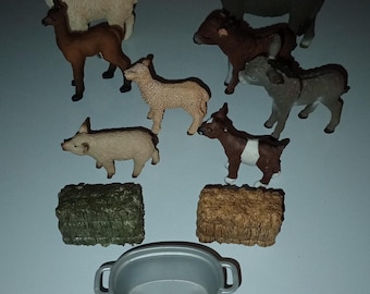 Assortment Schleich Farm Ranch Set Donkey Llama Goat Pig Lamb Sheep Hay Bales Feed Bucket Bundle Mother Baby
