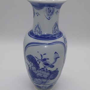 Vintage Chinese Chinoiserie Glazed Porcelain Flower Baluster Vase Blue Lotus Flowers Birds