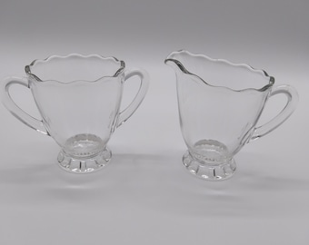 Vintage Depression Glass Clear Ruffle Wavy Footed Pair Set Creamer Pitcher and Sugar Bowl Dish Princess Tea Party Birthday Wedding Decor