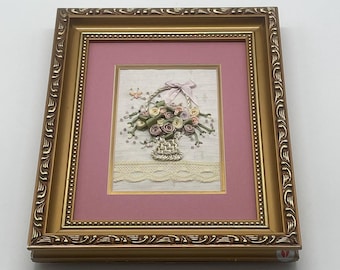 Vintage Delton Products Fine Collectibles Gold Framed Mixed Media Fabric Embroidery Lace Roses Flower Basket French Country Cottagecore Pink