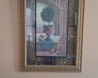 Janet Kruskamp Gold Gilt Framed Glass Lithograph Print Pears Topiary Tuscan Court Leopard Art