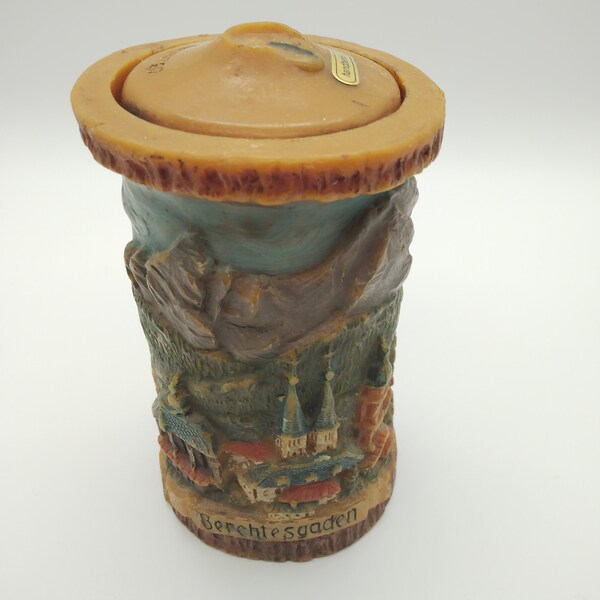 Vintage Handmade Gunter Kerzen Berchtesgaden German Stein Candle of Kehlsteinhaus Pillar Carved Landscape Scene 3D