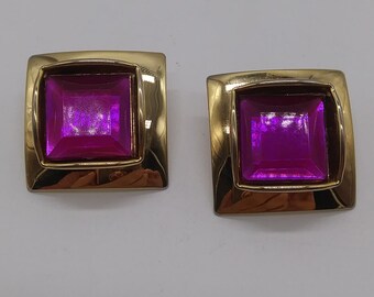Vintage Red Violet Square Bezel Faceted Jelly Lucite Pierced Earrings Gold Tone Chunky Art Deco Modern Geometric