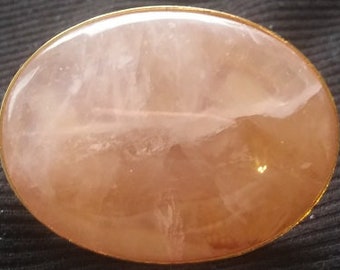 Vintage Natural Rainbow Rose Quartz Polished Gemstone Cabochon Scarf Clip Ring Gold Tone Bezel Set Bohemian Boho Eclectic