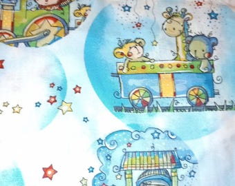 New Rachelle Anne Miller Licensed All Aboard Baby Nursery Train Fabric Yard Zoo Animals Blue Cotton