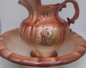 Antique Chinoiserie Japanese Chinese Geisha Beauties Women Garden Scene Bath Pitcher and Basin Bowl Currie Tea Dust Iron Rust Glazed Ceramic
