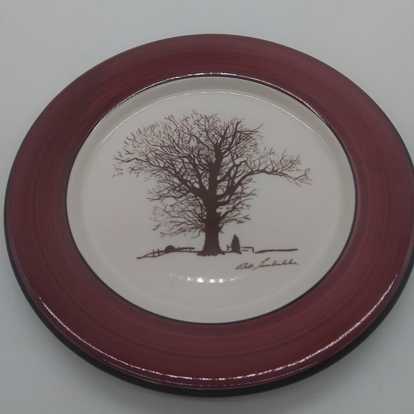 RARE San Marciano Ceramiche Artiste Signé Bob Timberlake Late Snow Riverwood Arbre Salade Assiette Italie Grès Rustique Ferme Paysage