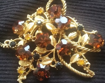 Vintage Smoke Topaz Cherry Blossom Flower Spray Crystals Yellow & Black Rhinestones Leaves Vine Rope Gold Pin Brooch Art Nouveau