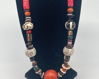 African Nepal Tibet Tribe Style Faux Batik Bone/Carnelian dZi/Ox Bone Buffalo Horn/Sponge Coral/Rukenya Seed Wood Bead Pendant Necklace