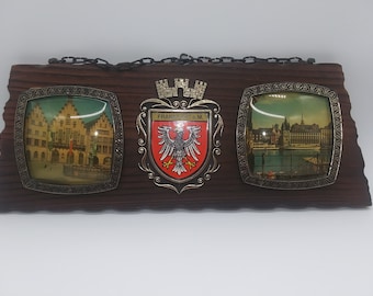 Vintage Frankfurt a.M. Ford on Main Franks Coat of Arms Heraldic Crest Carved Wood Wall Plaque Hanging Chain