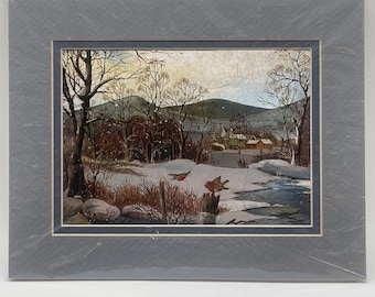 NEW Sealed Vintage English Metal Art F.J. Warren Etched Dufex Foil Winter Landscape Countryside Scene Matted Watercolor Hitchin Hertfordshir
