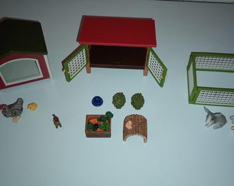 Assortment Schleich Set Rabbit Hutch House Chicken Coop Fence Mother Baby Farm Garden Vegetables Carrots Crate Alfalfa Kitten Cat Bundle
