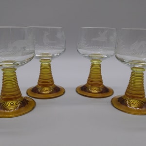 Vintage German Schott Zwiesel Crystal Animal Wildlife Hunting Etched Frosted Set Amber Cordial Liqueur Wine Glasses Roemer Rhine Beehive