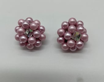 Mid Century Japan Lavender Pearl Cluster Bead Crystal Aurora Borealis Clip Earrings Costume Hand Wired