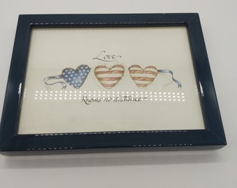 Vintage Arts Uniq Inc. Gay Talbott Hearts Love Knows No Distance Painting Lithograph Print Stars Stripes US Patriotic Military Framed Glass