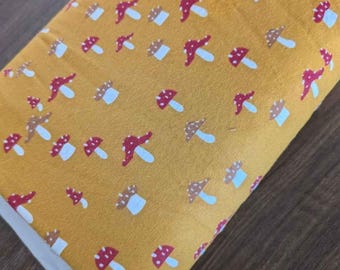 Fairy Mushroom Flannel Fabric: Mustard Cotton, 44" Wide