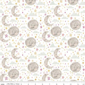 Nursery FLANNEL, Moon and Stars on White, Echo Girl by Riley Blake, fabric by the Yard