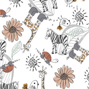 May include: A seamless pattern featuring a variety of animals, including giraffes, zebras, and turtles, drawn in a whimsical, hand-drawn style. The pattern also includes stylized flowers and leaves in shades of brown, gray, and green.