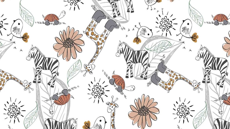 May include: A seamless pattern featuring a variety of animals, including giraffes, zebras, and turtles, drawn in a whimsical, hand-drawn style. The pattern also includes stylized flowers and leaves in shades of brown, gray, and green.