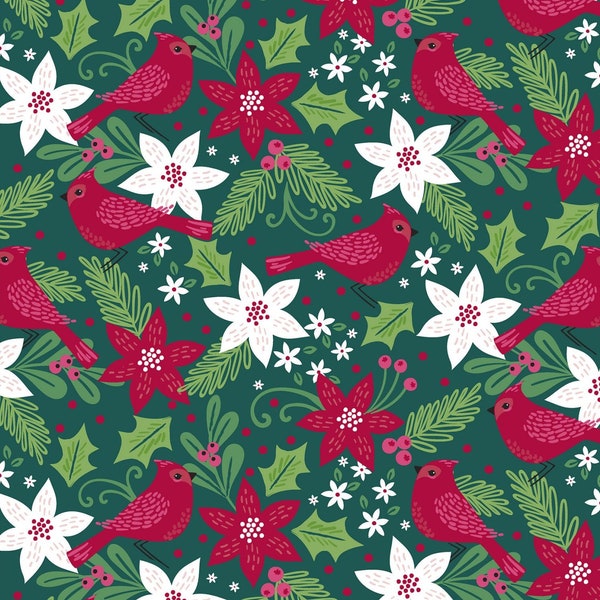 Christmas Fabric, Poinsettia Fabric, Holiday Wonder, 3 Wishes, Digital Print, Cotton Fabric
