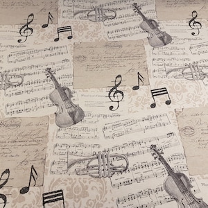 Violin & Music Notes Fabric for Curtains Upholstery fabric, Black and Cream musical note print canvas
