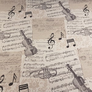 Tecido de violino e notas musicais para cortinas Tecido estofado, tela com impressão de notas musicais preta e creme