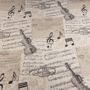 Violin & Music Notes Fabric for Curtains Upholstery fabric, Black and Cream musical note print canvas