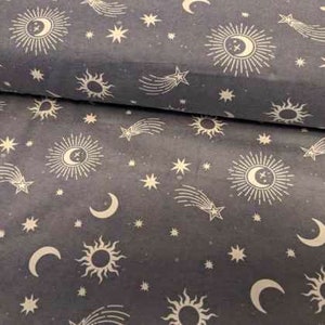 FLANNEL fabric Celestial Icons, Moon, Shooting Stars, Charcoal flannel, fabric by the Yard