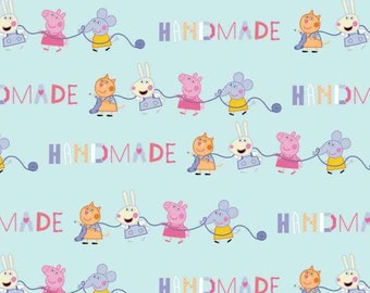 ハンドメイドのペッパピッグコットン生地：アクアキャメロットプリント