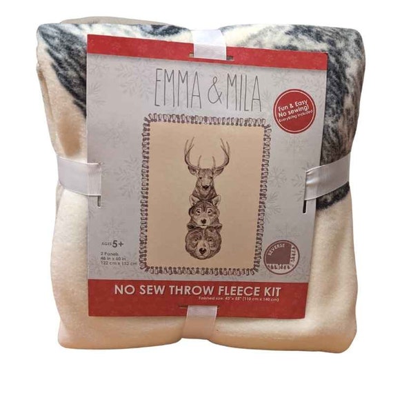 The Hudson No Sew Fleece Throw Kit Stag Wolf and Bear on Cream Fleece Fabric 48 X 60 Etsy Canada