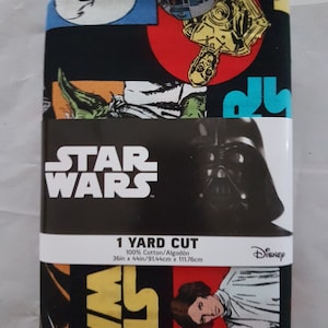 プレカット 1 ヤード - スターウォーズ生地、スターウォーズのマルチカラー漫画キャラクターが描かれた黒のコットン生地 - 綿 100%