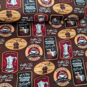 Retro Coffee Cotton Fabric by the Yard – Coffee Shop Labels, Mugs, Grinders – 100% Cotton, 44” Wide Quilting & Kitchen Décor Fabric