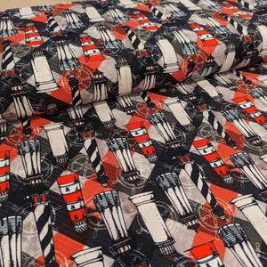 Lighthouse Fabric, Multi Lighthouse Fabric on Beige, Black, Red, By the Sea Collection, 100% Premium Cotton
